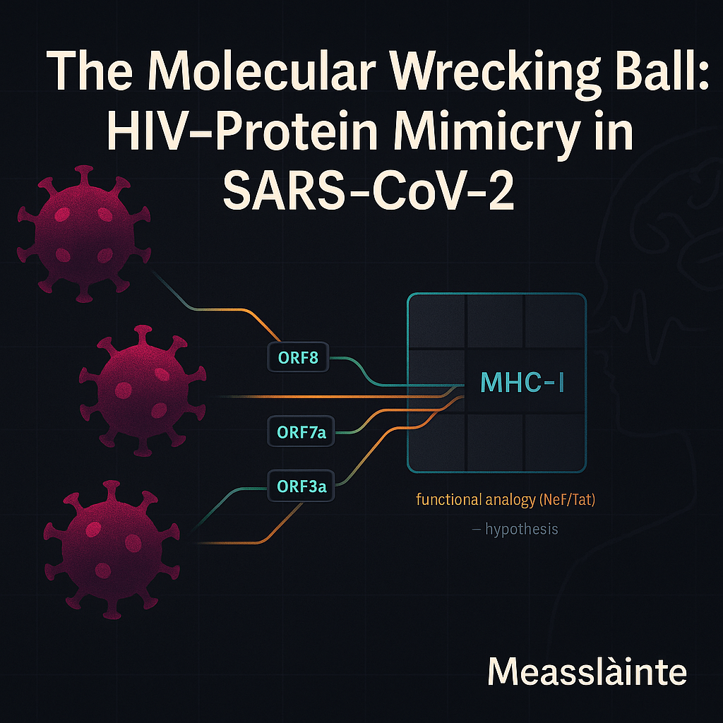 Stylized SARS-CoV-2 virions linked to MHC-I tiles; functional-analogy theme; Measslàinte branding