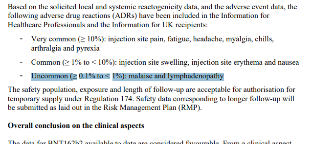 MHRA Public Assessment Report excerpt documenting lymphadenopathy rates in trial data