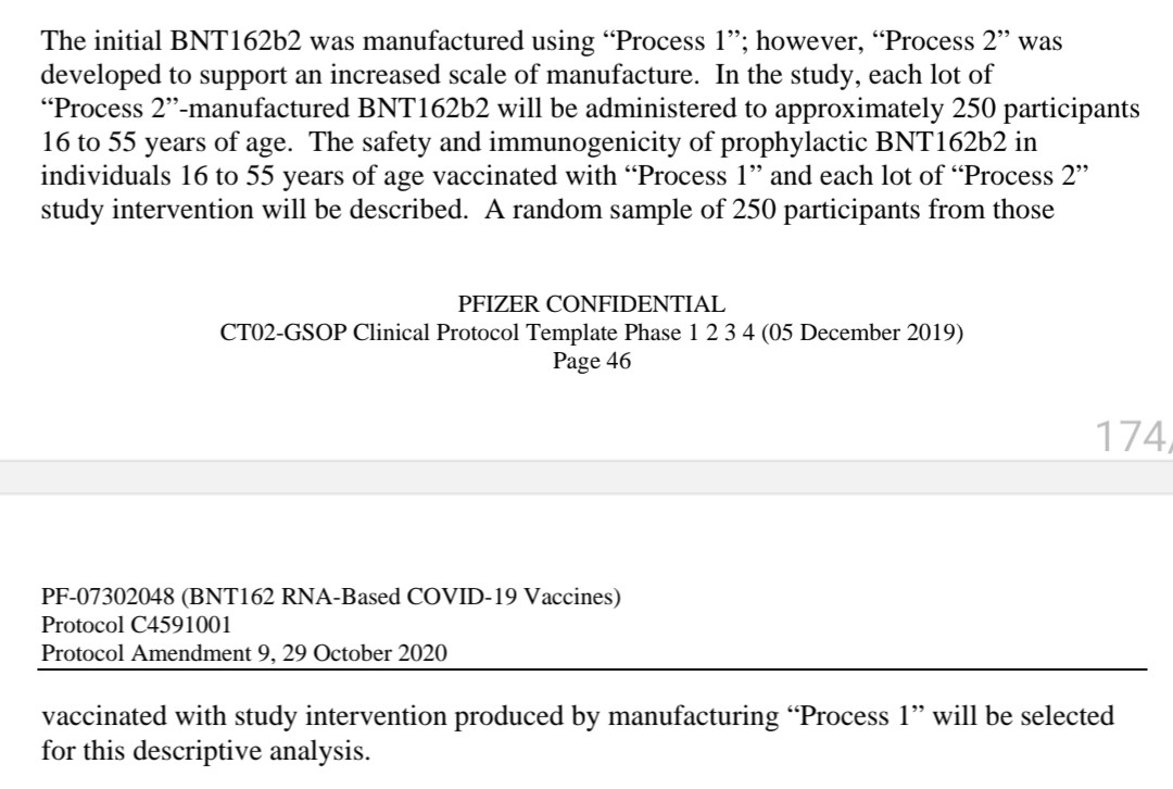 OpenVAET Process 1 vs Process 2 comparison chart showing DNA template differences, lot numbers, and timing