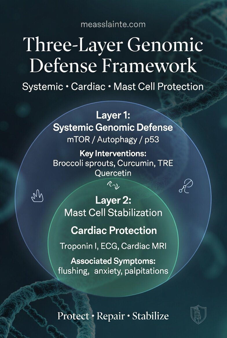 Three-Layer Genomic Defense Framework showing Layer 1 (Systemic), Layer 2 (Cardiac), and Layer 3 (Mast Cell) protection strategies