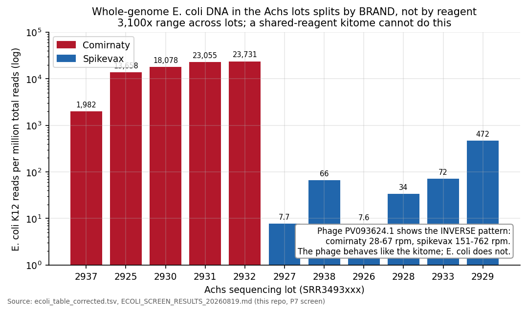 E. coli reads per million across the eleven Achs sequencing lots, log scale, splitting by brand