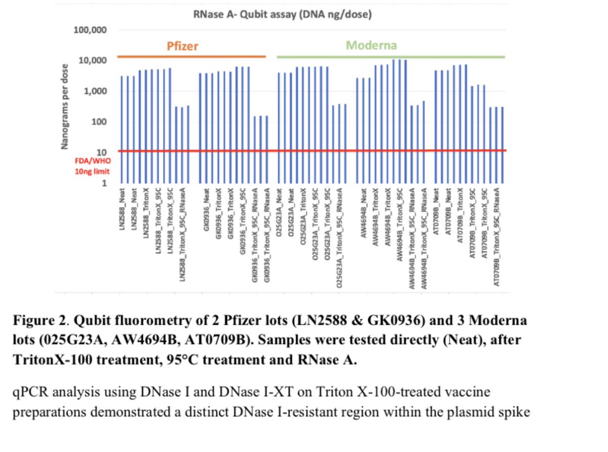 Bar graph comparing total DNA by fluorometry (100-1000× higher) vs KAN-targeted qPCR across real vaccine vials