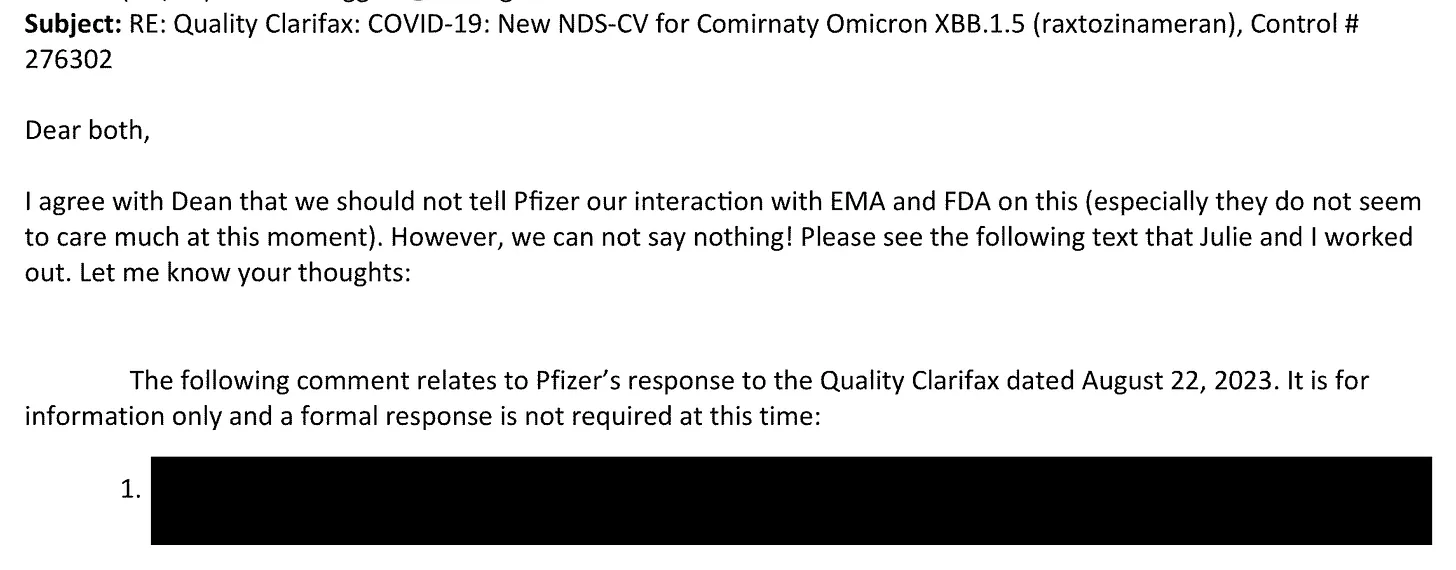 Health Canada email expressing frustration with Pfizer response