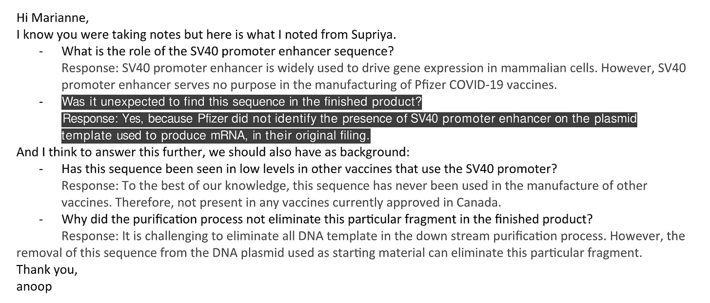 Health Canada email revealing Pfizer admission of unexpected SV40 finding