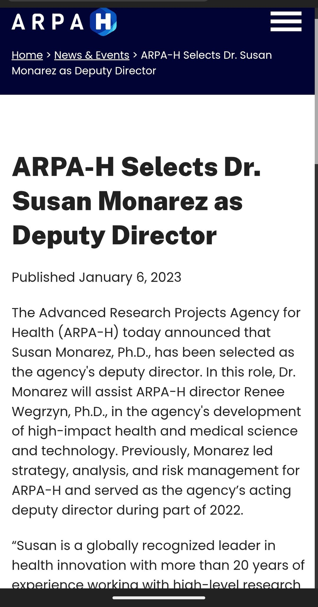 Susan Monarez screenshot showing DARPA-DoD connections and CDC/ARPA-H role
