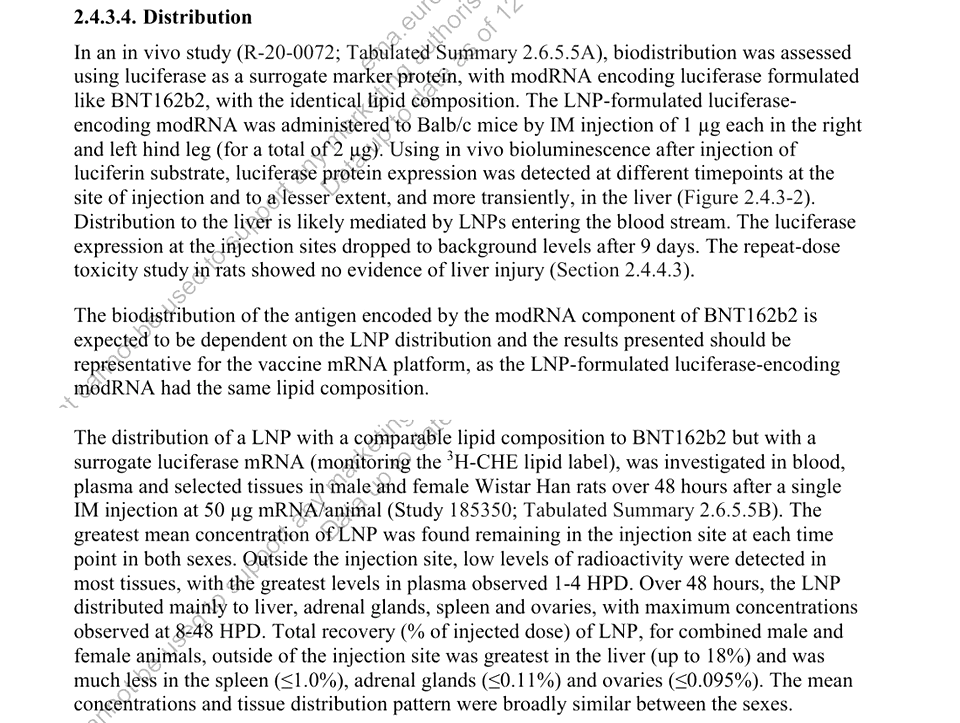 Comirnaty Module 2.4 Nonclinical Overview (EMA transparency release), section 2.4.3.4. Upper block: the mouse bioluminescence study R-20-0072, luciferase mRNA. Lower block: the Wistar Han rat tissue-distribution study 185350, 3H-CHE lipid radiolabel, 48-hour endpoint, with recovery outside the injection site greatest in liver, up to 18 percent. Excerpt from the Comirnaty Module 2.4 Nonclinical Overview, section 2.4.3.4 Distribution, covering study R-20-0072 and study 185350