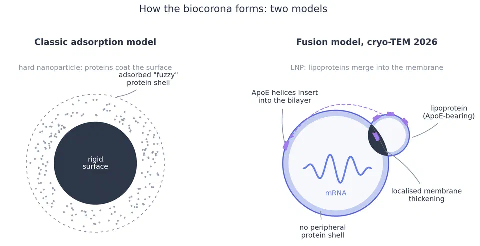 Two models of how the biocorona forms. Left, the classic adsorption model: a hard nanoparticle carrying a fuzzy adsorbed protein shell. Right, the fusion model, drawn after the cryo-TEM findings of Grumelot, Mohammed et al. (Whitehead and Mahmoudi corresponding), Nano Letters 2026, PMID 42677364: lipoproteins merge into the LNP membrane with localised thickening and electron-dense remodelling, ApoE helices insert into the bilayer, and no peripheral protein shell forms. Original figure drawn for this article, not a reproduction. Original schematic: the classic adsorption model and the lipoprotein-fusion model of biocorona formation