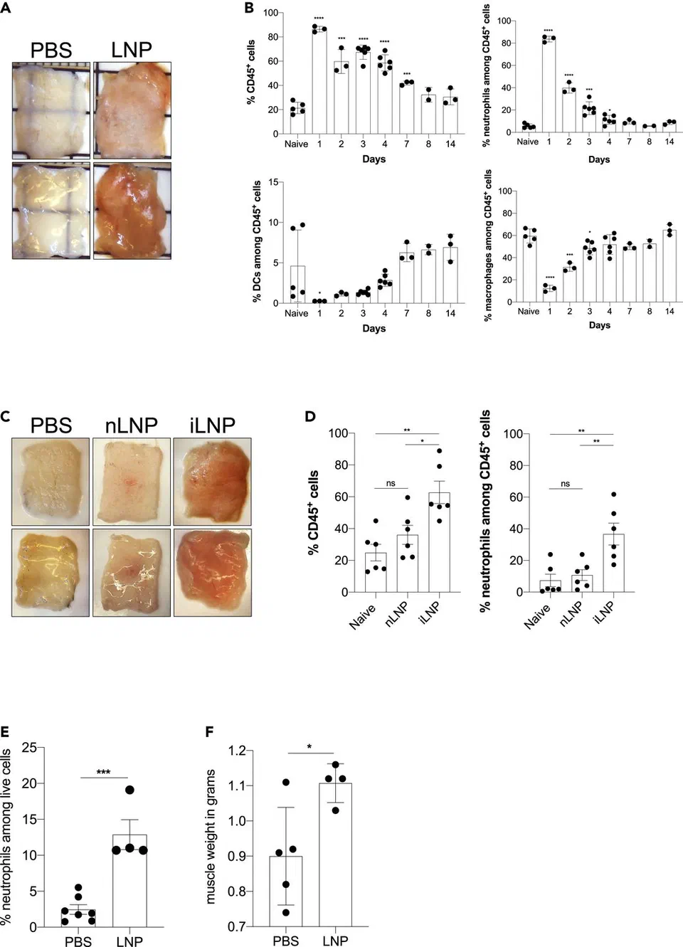 Figure 1 from Ndeupen et al. (2021), iScience: inflammatory responses to the platform's LNP component in mice. Reproduced whole under CC BY-NC-ND 4.0; resized only. Figure 1 from Ndeupen et al. 2021: inflammatory responses to the LNP component in mice