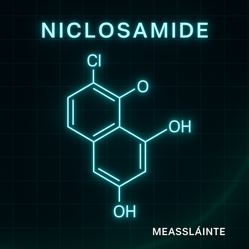 Stylized niclosamide molecule on a dark grid with Measslàinte branding