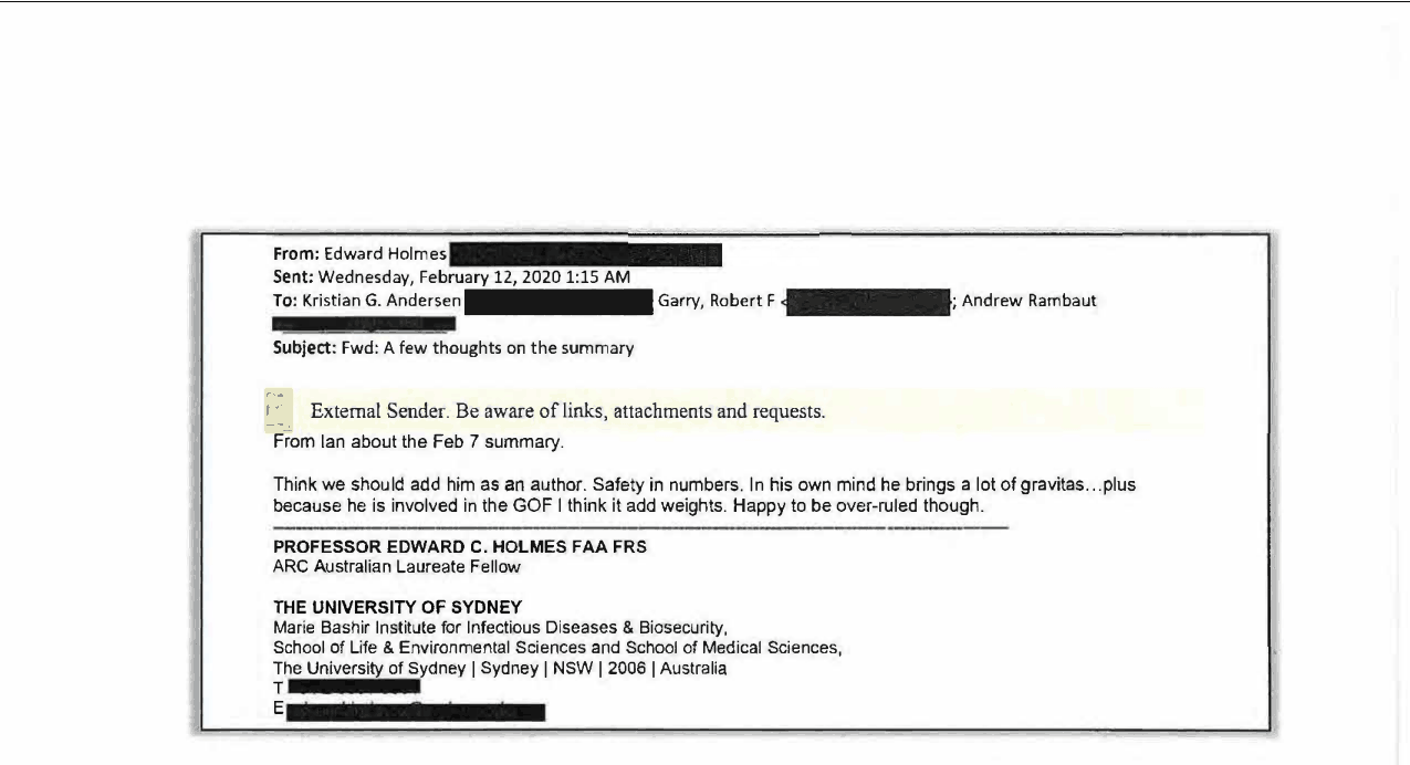 Email from Edward Holmes, dated 12 February 2020, suggesting adding an author for safety in numbers.