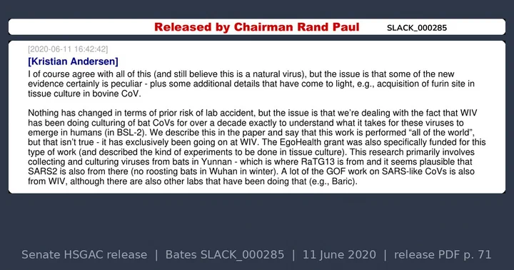 Cover: the release stamp of the Senate HSGAC Slack release above Kristian Andersen's Slack message of 11 June 2020, 16:42:42, containing the sentence that the paper's claim about BSL-2 passage work 'isn't true'.