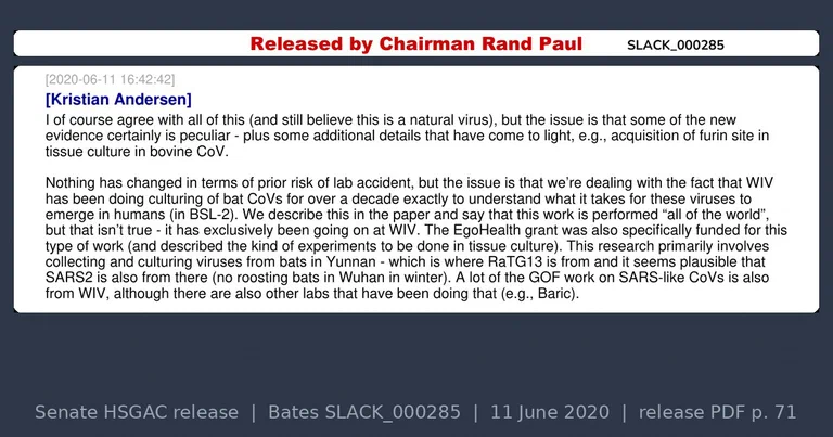 Cover: the release stamp of the Senate HSGAC Slack release above Kristian Andersen's Slack message of 11 June 2020, 16:42:42, containing the sentence that the paper's claim about BSL-2 passage work 'isn't true'.