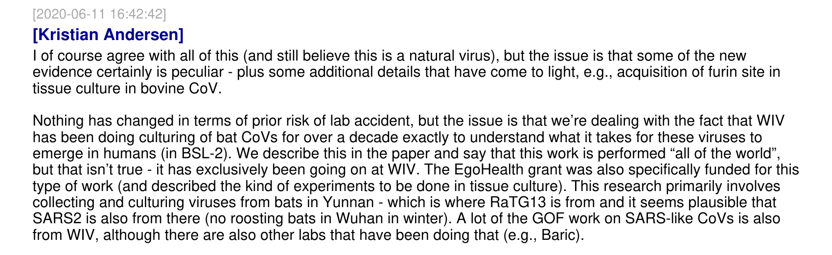 Slack message from Kristian Andersen, 11 June 2020, 16:42:42, containing the sentence: but that isn't true - it has exclusively been going on at WIV.