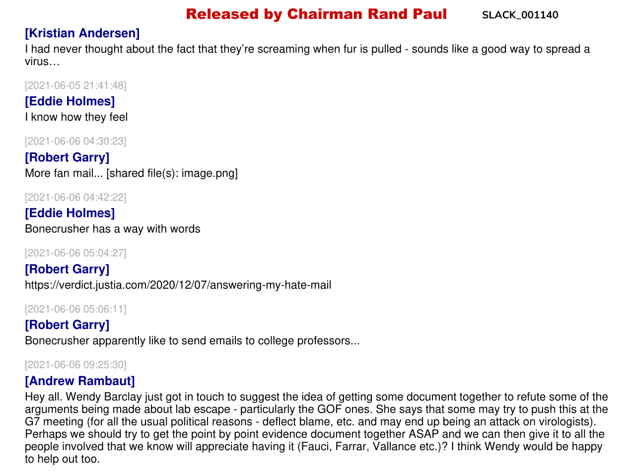 Slack page with the release stamp SLACK_001140 and Andrew Rambaut's message of 6 June 2021 proposing a point by point evidence document for Fauci, Farrar and Vallance.