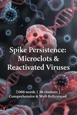 Visual representation of spike protein persistence mechanisms showing microclots, viral reactivation, and cellular dysfunction