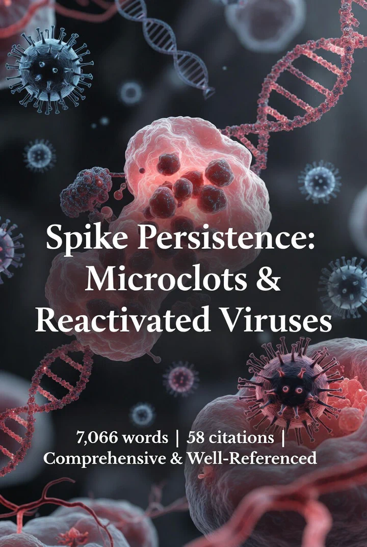 Visual representation of spike protein persistence mechanisms showing microclots, viral reactivation, and cellular dysfunction