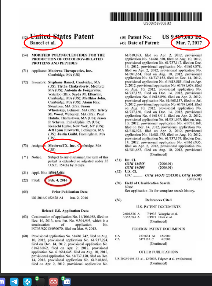 Moderna 2016 patent screenshot showing furin cleavage site and multiple biological activities