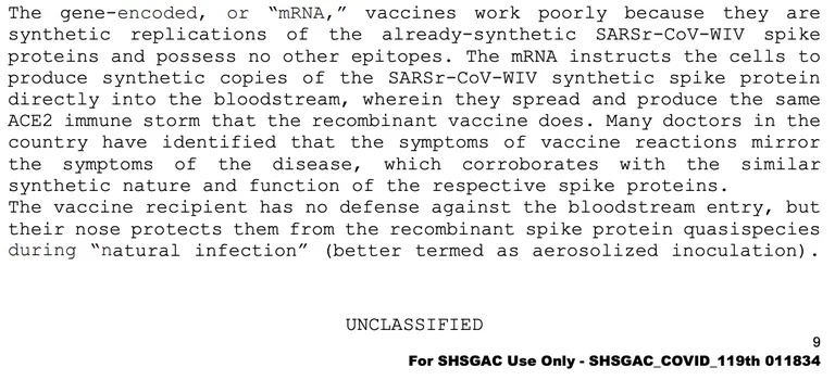 Senate Homeland Security & Governmental Affairs Committee (SHSGAC) COVID-19 oversight document page marked UNCLASSIFIED / For SHSGAC Use Only, referencing mRNA vaccine findings.