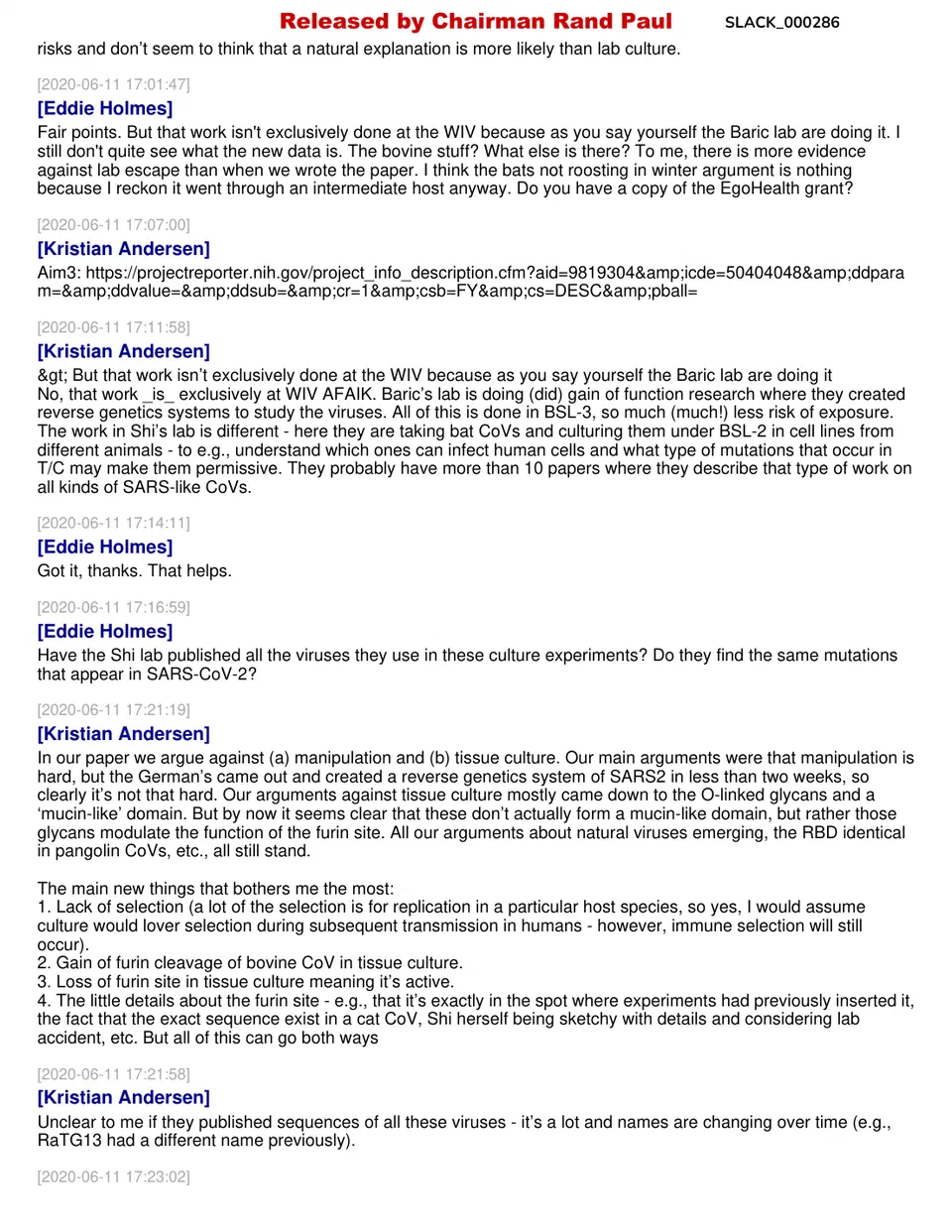 Page 72 of the released Slack export showing Andersen's 11 June 2020 messages on WIV gain-of-function work and his shift towards the middle on lab origin