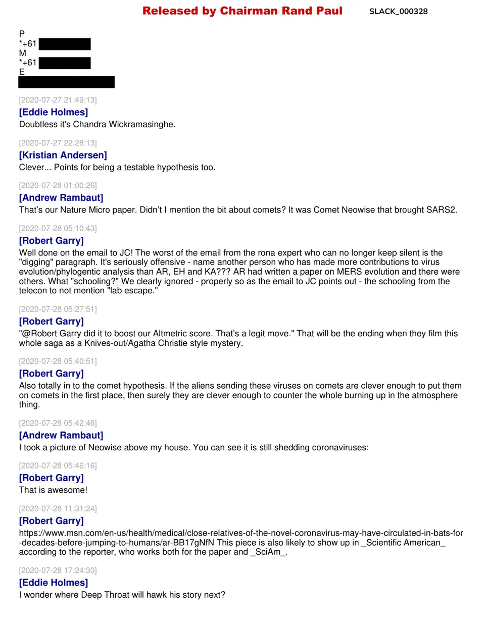 Page 114 of the released Slack export showing Garry's 28 July 2020 message referencing the telecon instruction to avoid mentioning lab escape