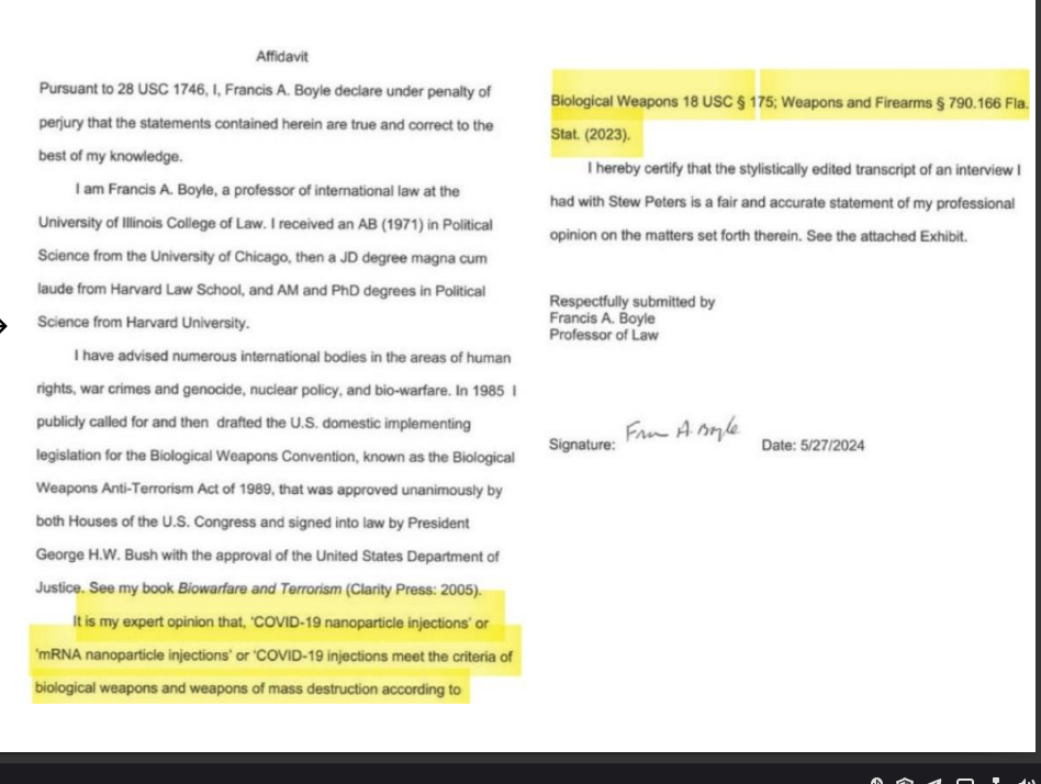 Francis Boyle affidavit detailing mRNA vaccine bioweapon concerns and SV40 integration risks