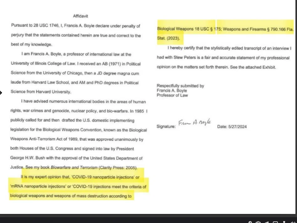 Francis Boyle affidavit detailing mRNA vaccine bioweapon concerns and SV40 integration risks